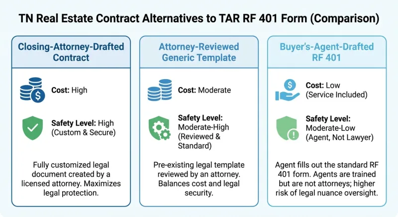 Infographic comparing three legal alternatives to the copyrighted TAR RF 401 form for Tennessee FSBO sellers