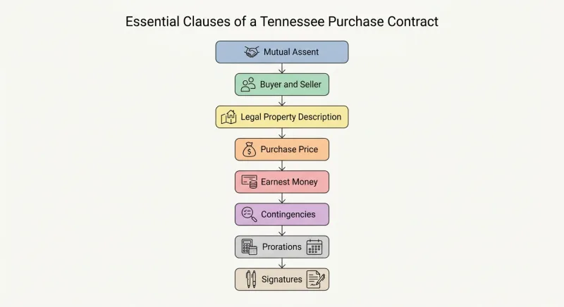 Checklist diagram of essential clauses required in a Tennessee FSBO purchase contract
