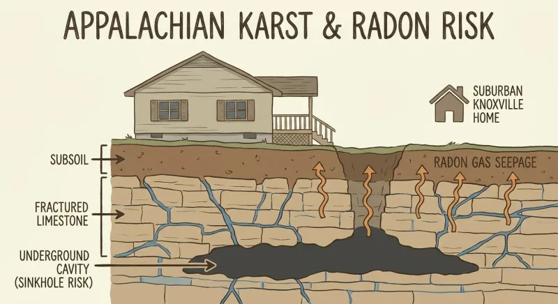 Diagram of karst sinkhole and radon gas risk beneath a Knoxville home