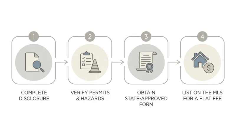Four-step workflow graphic for a compliant flat-fee MLS FSBO listing in Knoxville