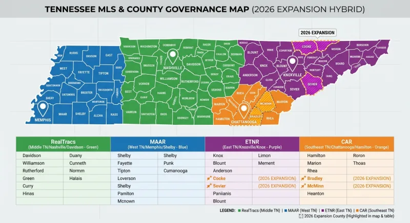 Infographic mapping Tennessee counties and metros to RealTracs, MAAR, ETNR and CAR regional MLS networks with 2026 expansion areas highlighted