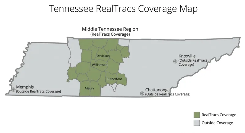 Map showing RealTracs MLS coverage across Middle Tennessee counties, excluding Memphis, Knoxville, and Chattanooga