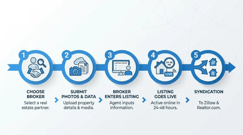 Five-step infographic showing how a Tennessee FSBO listing gets entered onto RealTracs by a flat-fee broker