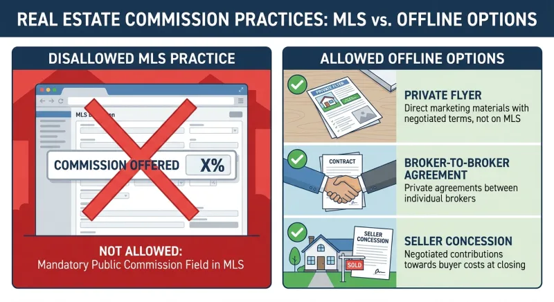 Graphic contrasting the banned RealTracs commission field with allowed offline compensation methods after the NAR settlement