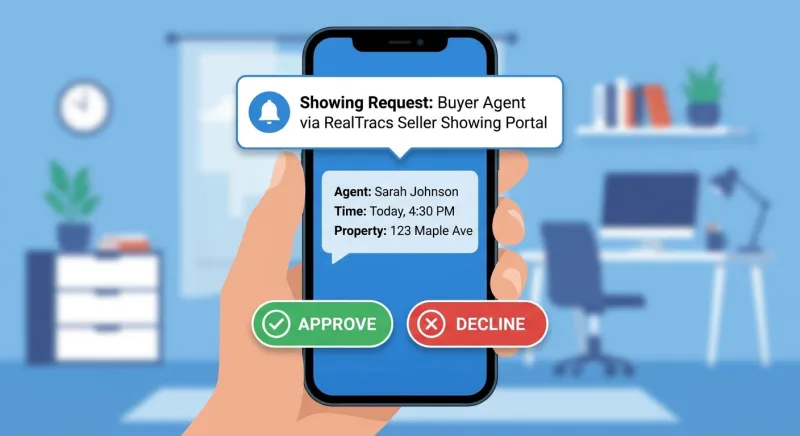 Smartphone showing a RealTracs Seller Showing Portal SMS request with approve and decline options