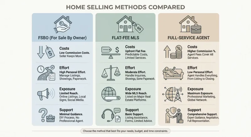 Comparison of FSBO, flat-fee MLS, and full-service agent selling options in Tennessee