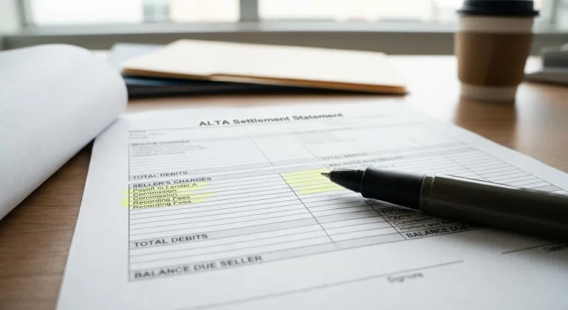 Seller-side ALTA settlement statement with highlighted line items where flat-fee MLS closing compliance fees appear