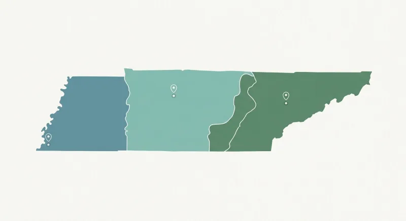 Map of Tennessee showing Middle, East, and West MLS regions covering Nashville, Knoxville, and Memphis