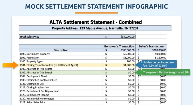 Mock ALTA settlement statement showing Houzeo closing fee versus ResultsMLS no-closing-fee on a $380,000 Middle Tennessee home