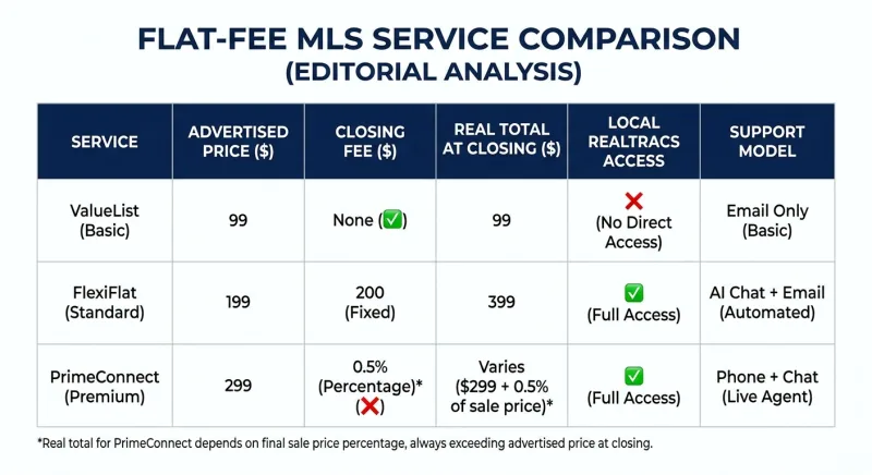 2026 flat-fee MLS cost and support comparison table for Middle Tennessee