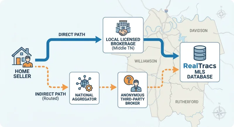 Diagram comparing direct local brokerage RealTracs access versus national referral-portal routing in Middle Tennessee