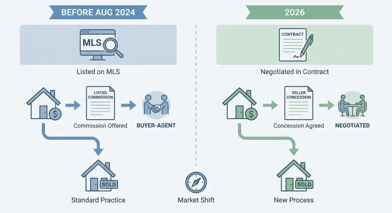 Diagram comparing pre-2024 MLS buyer-agent commission versus 2026 seller concession structure in Tennessee