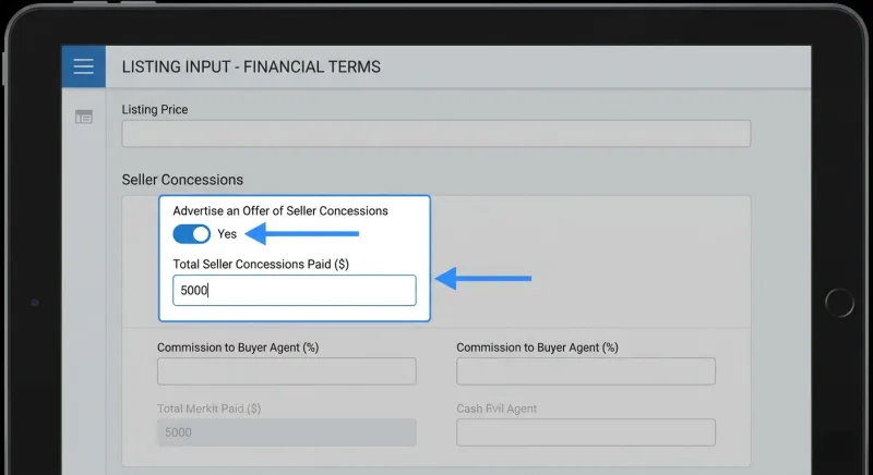 Mockup of Realtracs MLS listing fields showing the Advertise Offer of Seller Concessions toggle and Total Seller Concessions Paid field