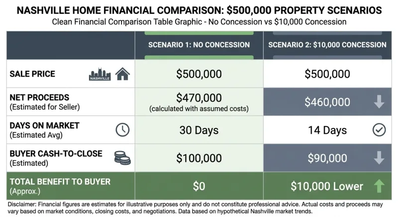 Comparison table showing net proceeds and cash-to-close for a Nashville home with and without a buyer's agent concession