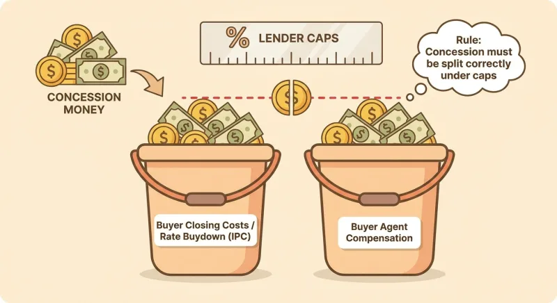 Illustration of the double-bucket rule separating buyer closing costs from buyer-agent compensation under lender IPC limits