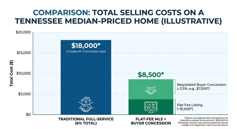 Bar chart comparing full-service commission costs versus flat-fee MLS savings for Tennessee sellers