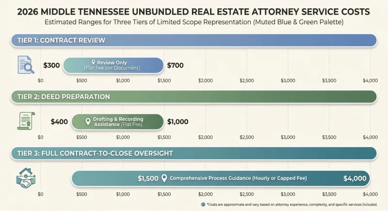 2026 Middle Tennessee unbundled real estate attorney cost ranges for contract review, deed prep, and contract-to-close
