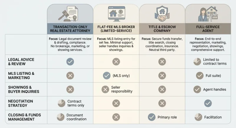 Comparison table of real estate attorney, flat-fee MLS broker, title company, and full-service agent roles in a FSBO sale