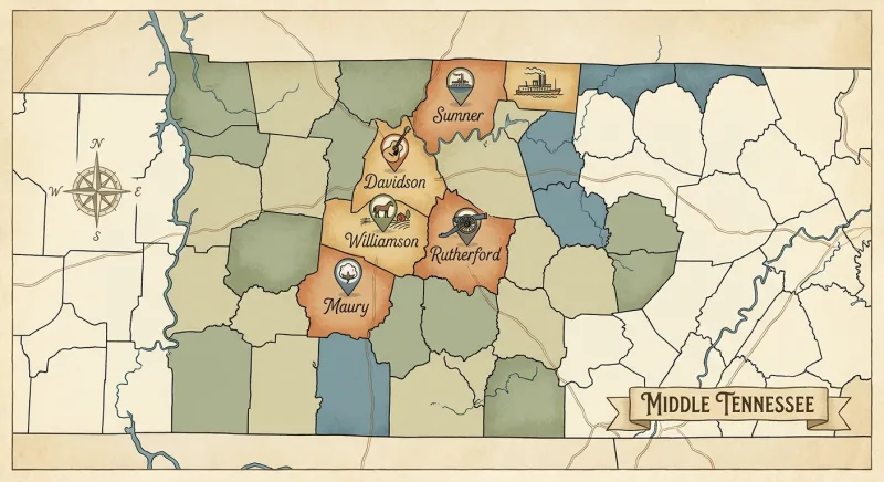 Map of Middle Tennessee highlighting Davidson, Williamson, Rutherford, Sumner, and Maury counties for FSBO attorney services
