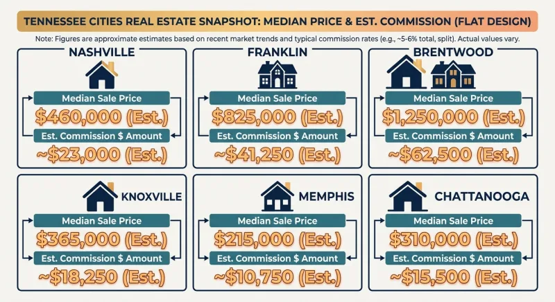 Comparison of average real estate commission by Tennessee city including Nashville, Franklin and Brentwood for 2026