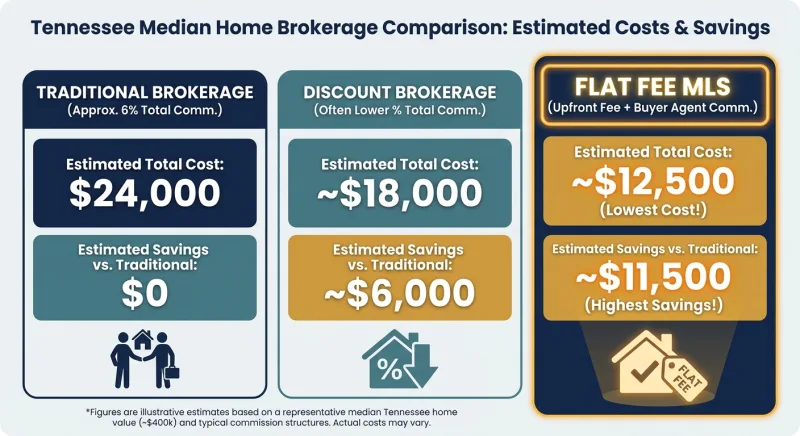 Comparison of traditional brokerage, discount broker, and flat fee MLS costs for selling a home in Tennessee
