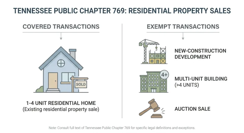 Infographic showing Tennessee settlement agent law scope: 1-4 unit homes covered versus new construction, 4+ unit developments, and auctions exempt