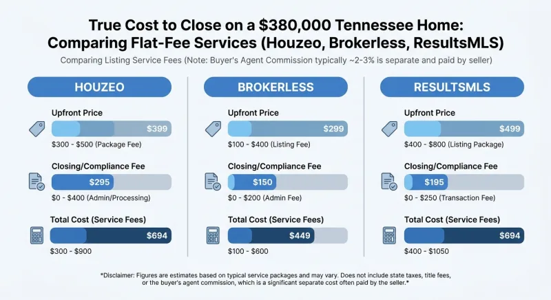 Comparison infographic of Houzeo, Brokerless, and ResultsMLS true cost to close on a $380,000 Tennessee home