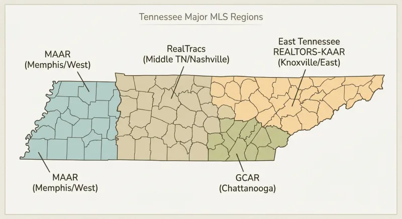 Map of Tennessee MLS boards RealTracs, MAAR, KAAR, and GCAR by region