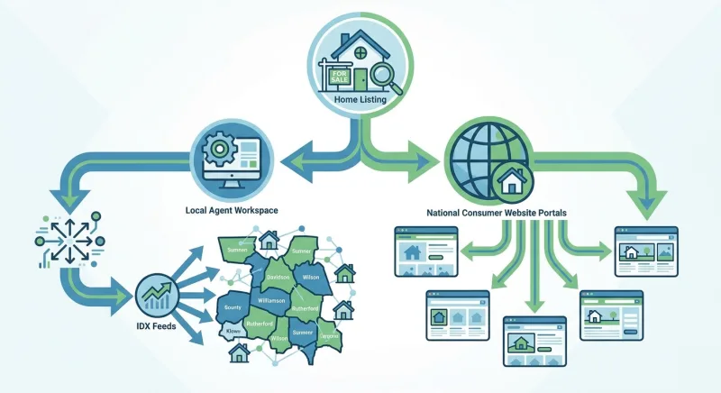 Diagram showing how RealTracs and My State MLS distribute a listing to buyers