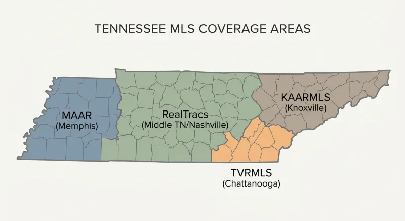 Map of Tennessee regional MLS coverage: RealTracs, KAARMLS, MAAR, and TVRMLS