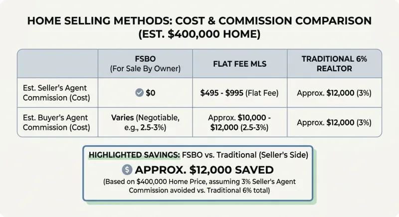 Comparison of FSBO, flat fee MLS, and traditional 6% realtor costs in Tennessee