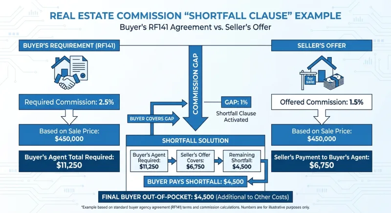 Infographic showing RF141 Paragraph E shortfall clause where buyer covers the 1% commission gap