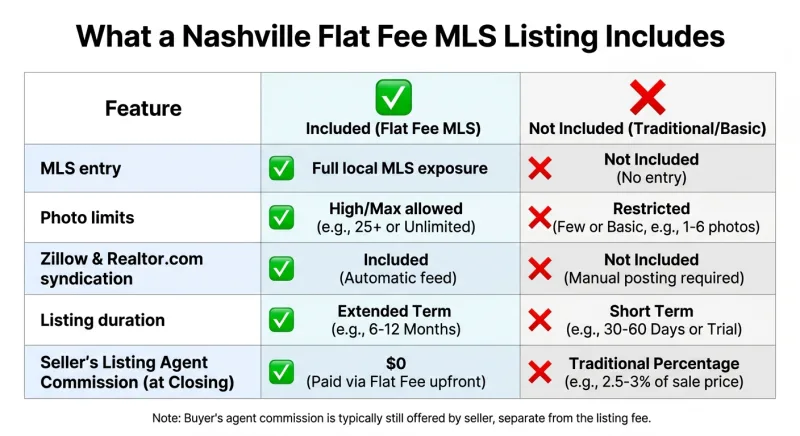 Comparison table showing what a Nashville flat fee MLS listing includes versus listings with hidden fees