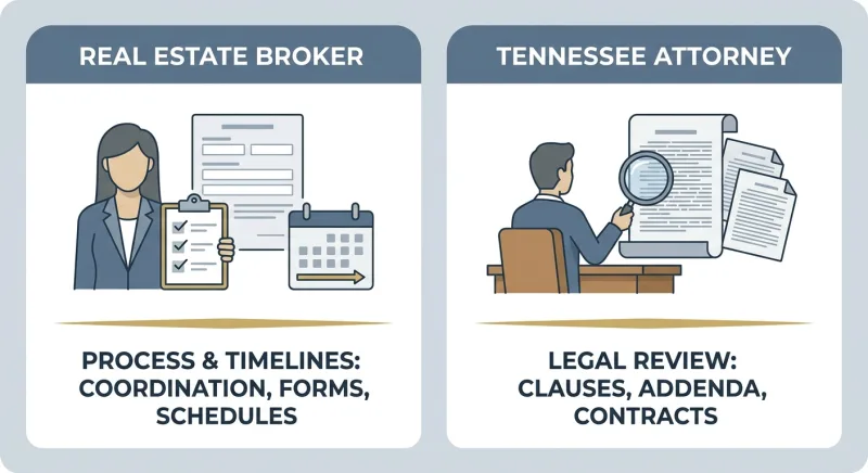 Infographic contrasting broker administrative review with Tennessee attorney legal review