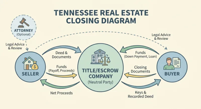 Diagram of a Tennessee closing showing the title company as a neutral escrow party
