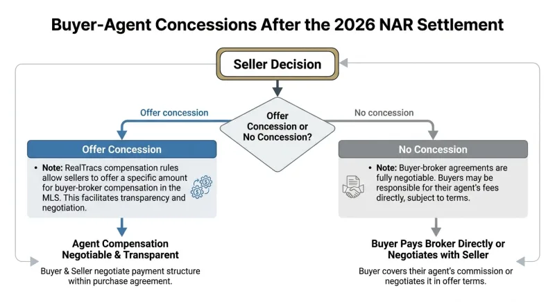 Flowchart of how Nashville sellers handle negotiable buyer-agent concessions under 2026 post-NAR settlement rules