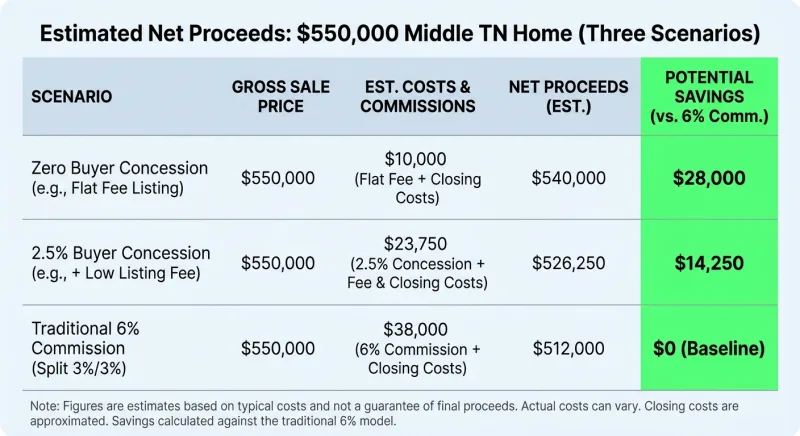 Net proceeds comparison table for a $550K Middle Tennessee home under three selling scenarios in 2026
