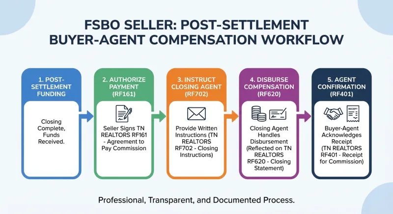 Workflow diagram showing FSBO buyer-agent compensation steps using Tennessee REALTORS forms RF161, RF702, RF620, RF401