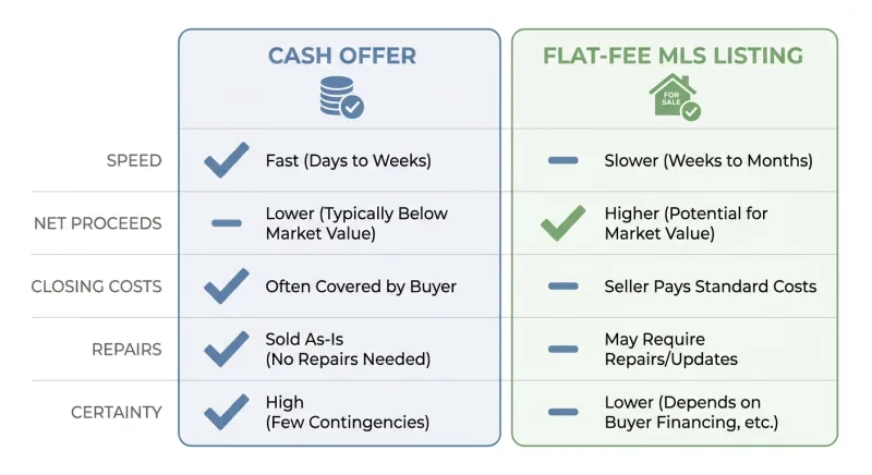Infographic comparing cash offer and flat-fee MLS listing on speed, net proceeds, closing costs, and repairs