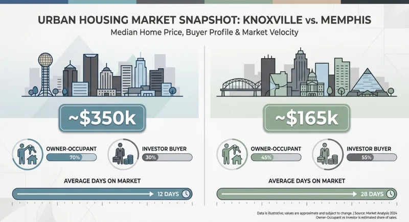 Graphic contrasting Knoxville and Memphis median home prices, buyer profiles, and days on market