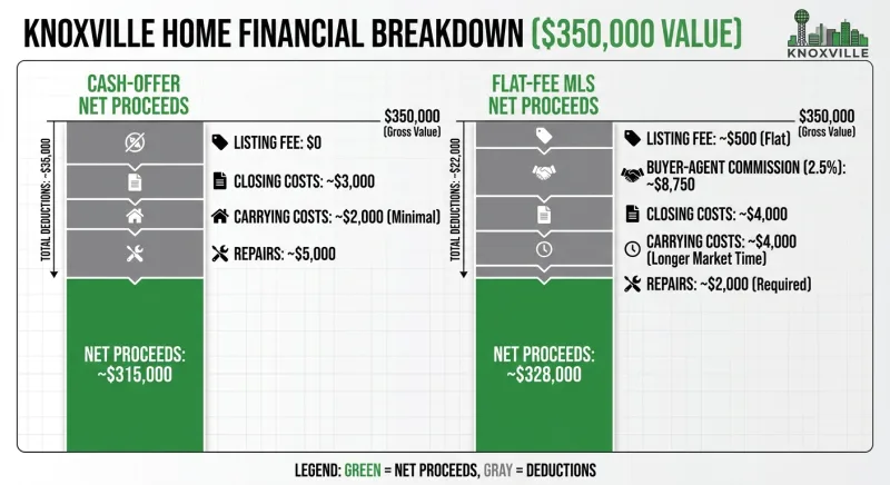 Net proceeds breakdown chart for a $350,000 Knoxville home comparing a cash offer to a flat-fee MLS sale