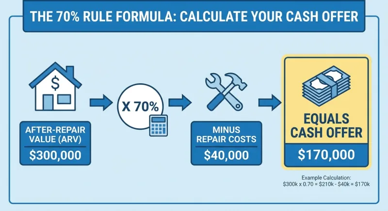 Infographic showing the 70 percent rule formula cash buyers use to calculate an offer from After-Repair Value and repair costs