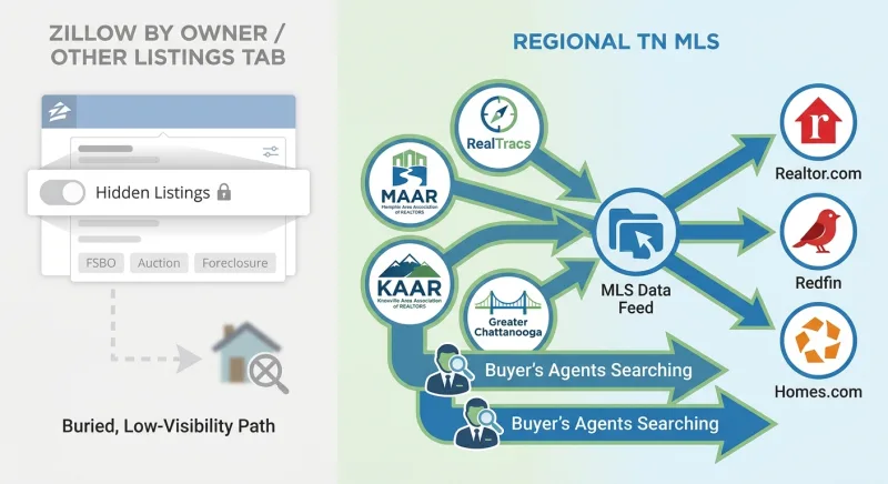 Diagram showing how Tennessee buyer agents search the regional MLS (RealTracs, MAAR, KAAR, Greater Chattanooga) instead of Zillow's By Owner tab