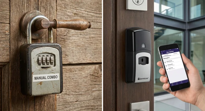 Comparison of a manual combo lockbox versus an electronic ShowingTime-integrated lockbox for easier Tennessee home showings