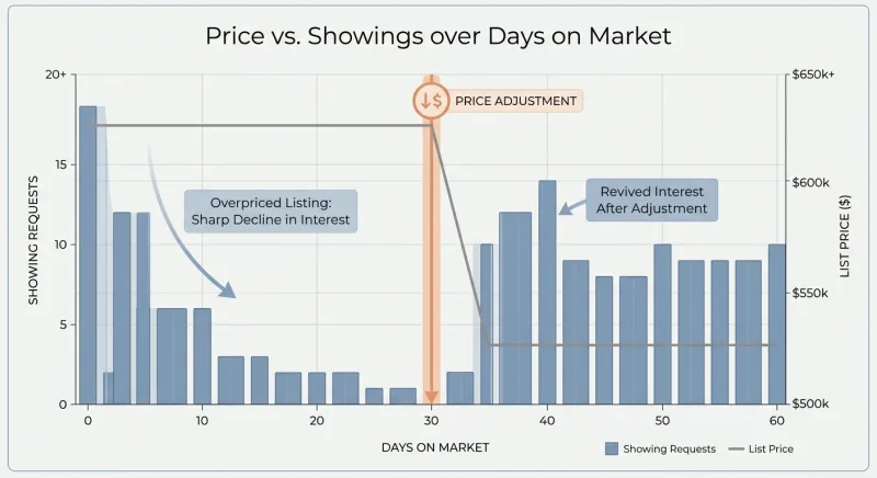 Chart showing how overpricing a Tennessee FSBO increases days on market and reduces showing requests until a price adjustment