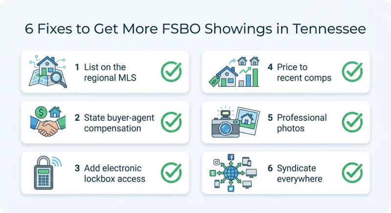 Checklist infographic of six fixes to get more showings for a Tennessee FSBO listing