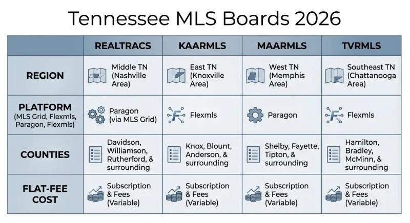Comparison chart of Realtracs, KAARMLS, MAARMLS, and TVRMLS showing region, tech platform, and flat-fee listing cost