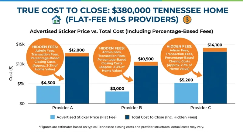 Bar chart comparing advertised flat-fee MLS prices versus true total cost to close including hidden percentage closing fees on a $380,000 Tennessee home
