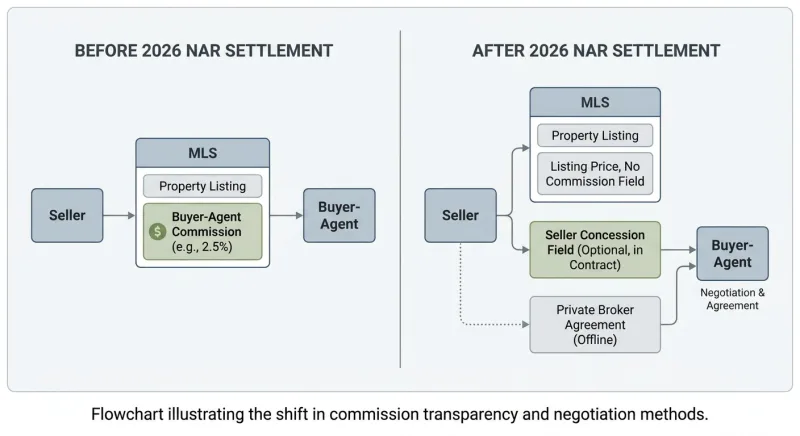 Diagram showing how buyer-agent commission moved off direct MLS entry to seller concession fields after the NAR settlement in Tennessee
