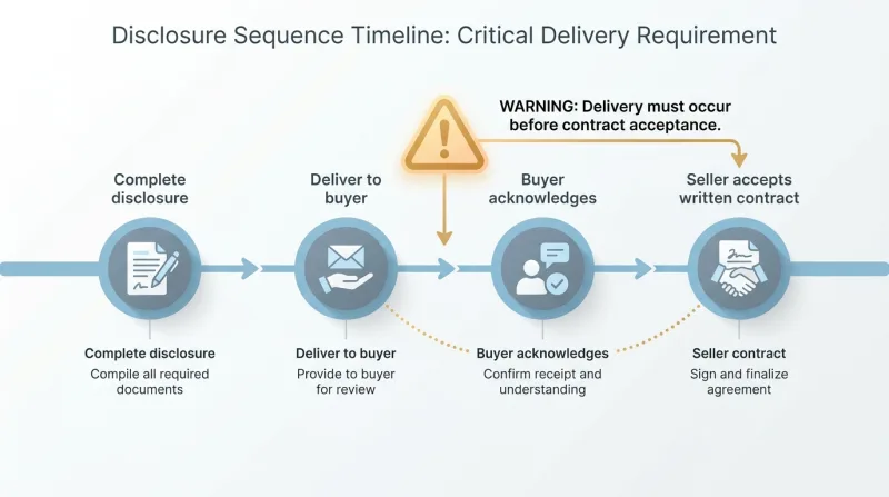 Timeline infographic showing the Tennessee disclosure must be delivered to the buyer before the seller accepts a written purchase contract